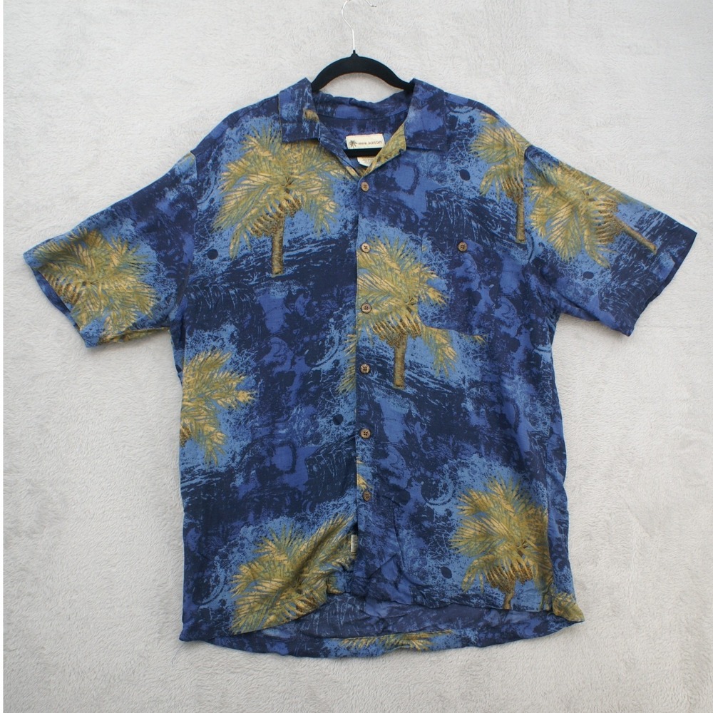 Havana Jack's Cafe Mens XL Blue Tropical Palm Tree Rayon Button Down Beach Shirt